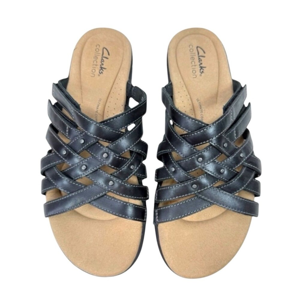 Clarks Elizabelle Rio Studded Leather Sandals Black Slip On Sz 9 Boho Comfort